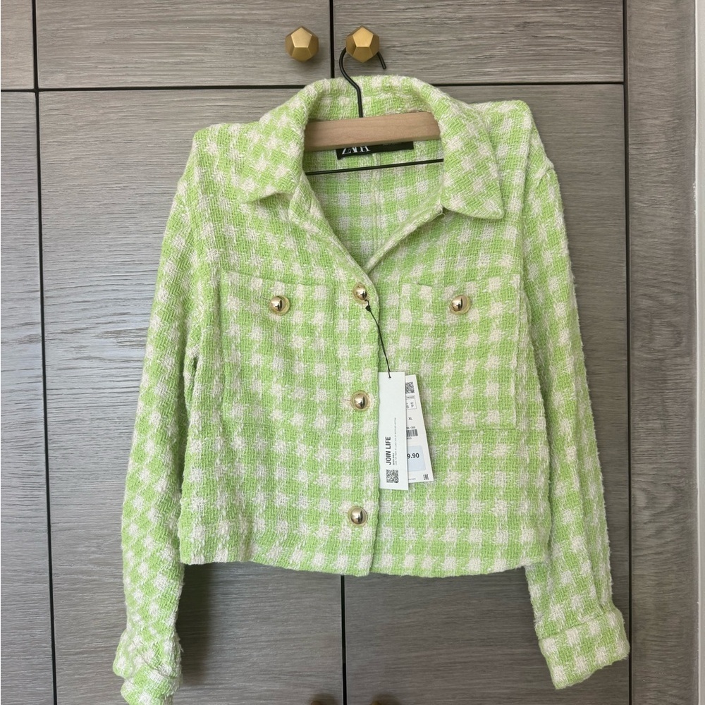 Zara crop gold button green and white jacket - Picture 6 of 6